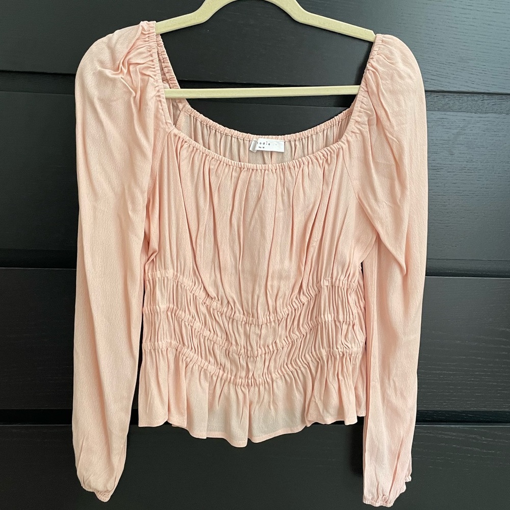 Elodie light pink long sleeve cinch waist top NWOT